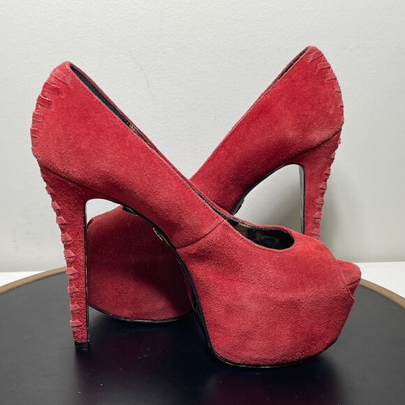 Betsey Johnson Brrea Red Suede Platform Stiletto Open Toe Pumps Women's Size 8 M - Picture 7 of 13